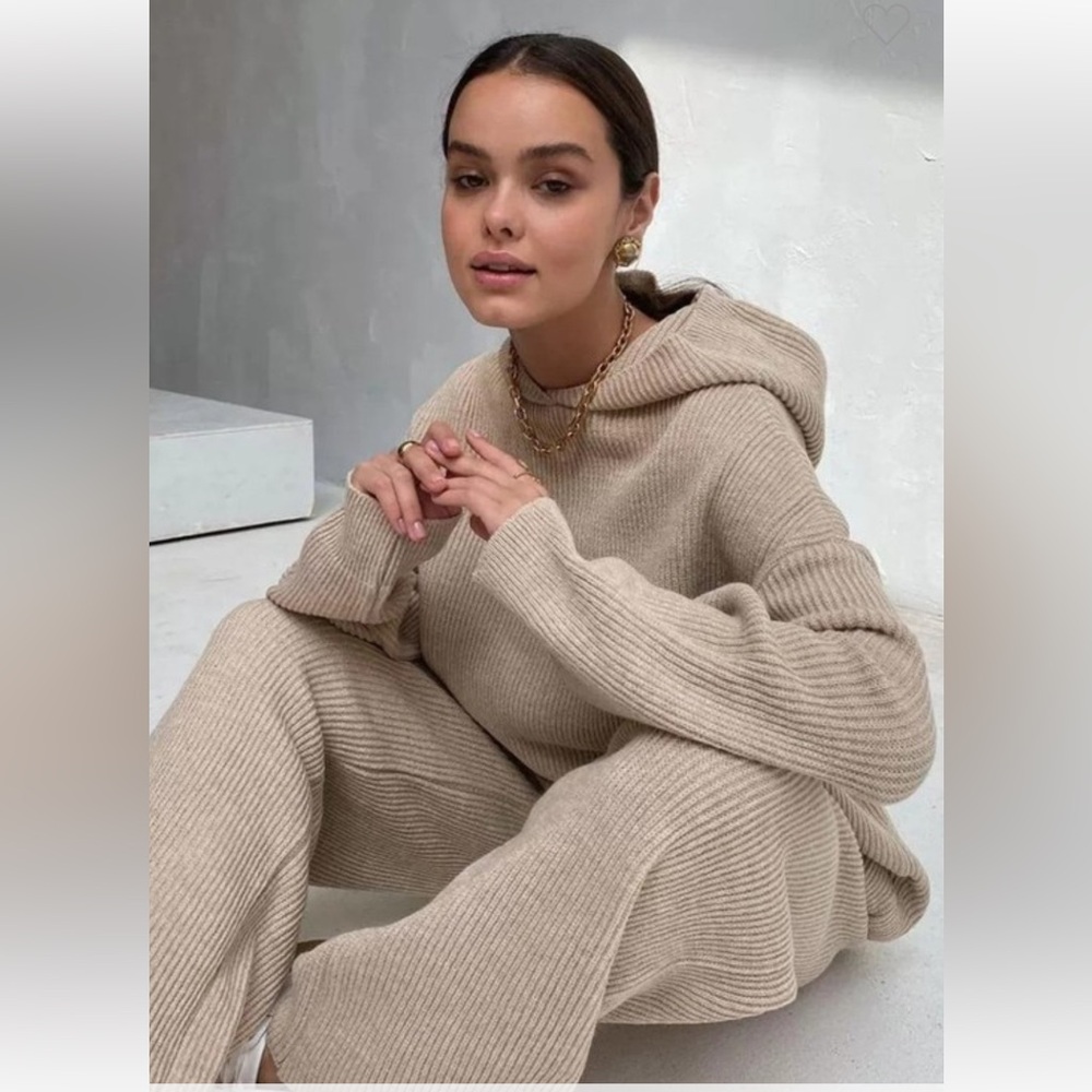 Cozy Knit Hooded Jumpsuit in Beige